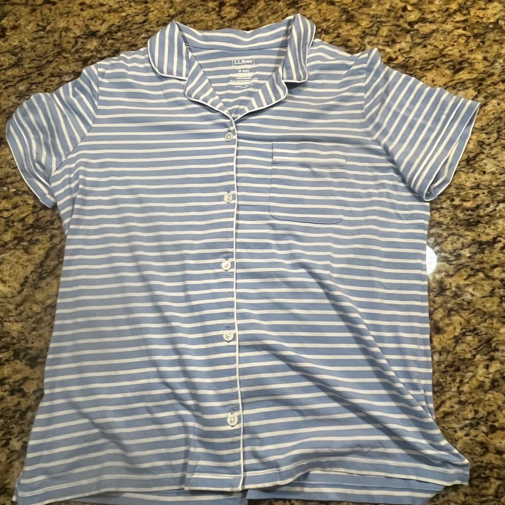 LL Bean Womens Pajama Top Medium Blue White Striped Short Sleeve Button Up